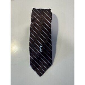 Vtg YVES SAINT LAURENT Brown Blue Diagonal Stripe Print Silk Tie YSL Embroidered